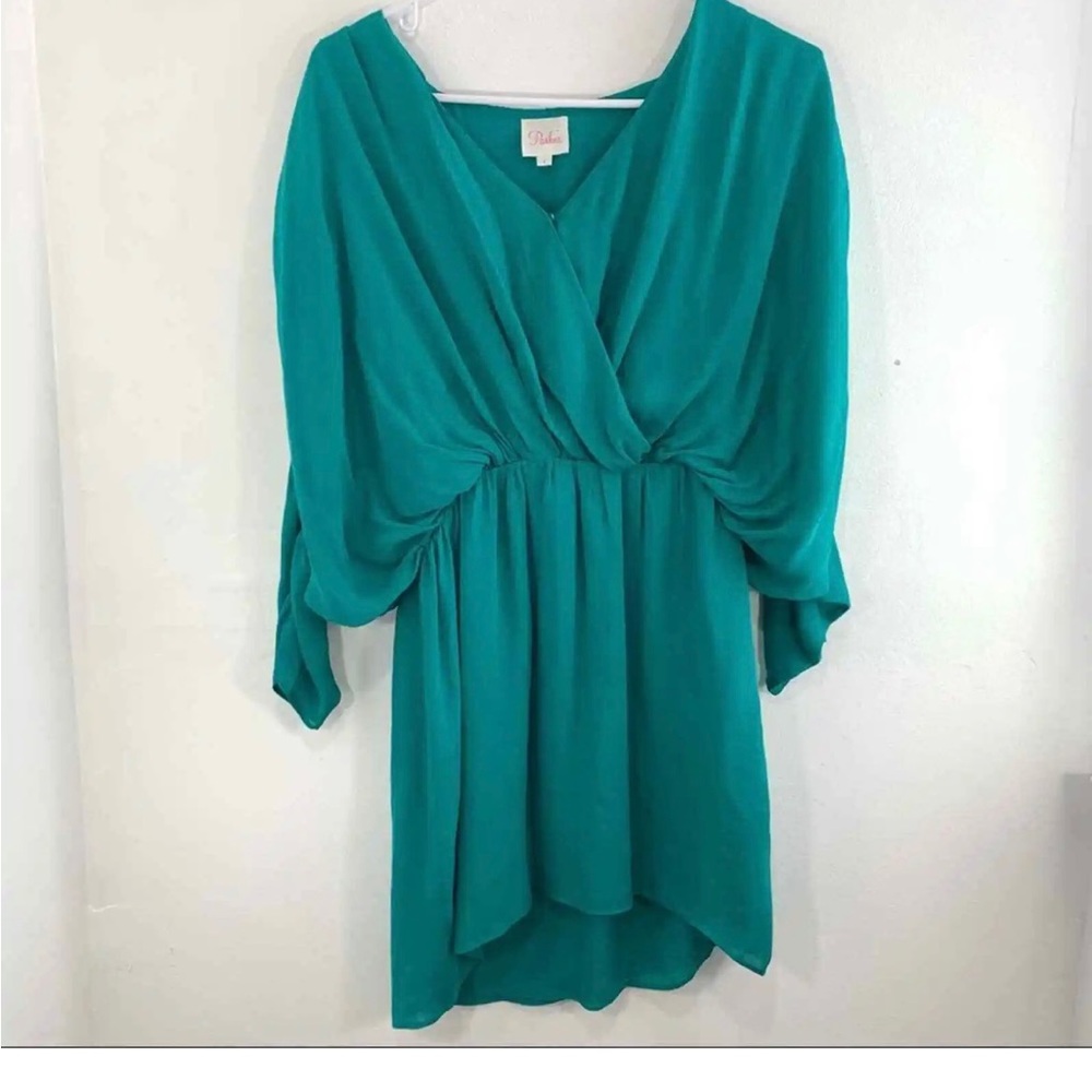 Parker Teal 100% Silk Dolman Sleeve Surplice Mini Dress Women Small Batwing